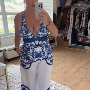 Blue and White Patterned Swimsuit Set